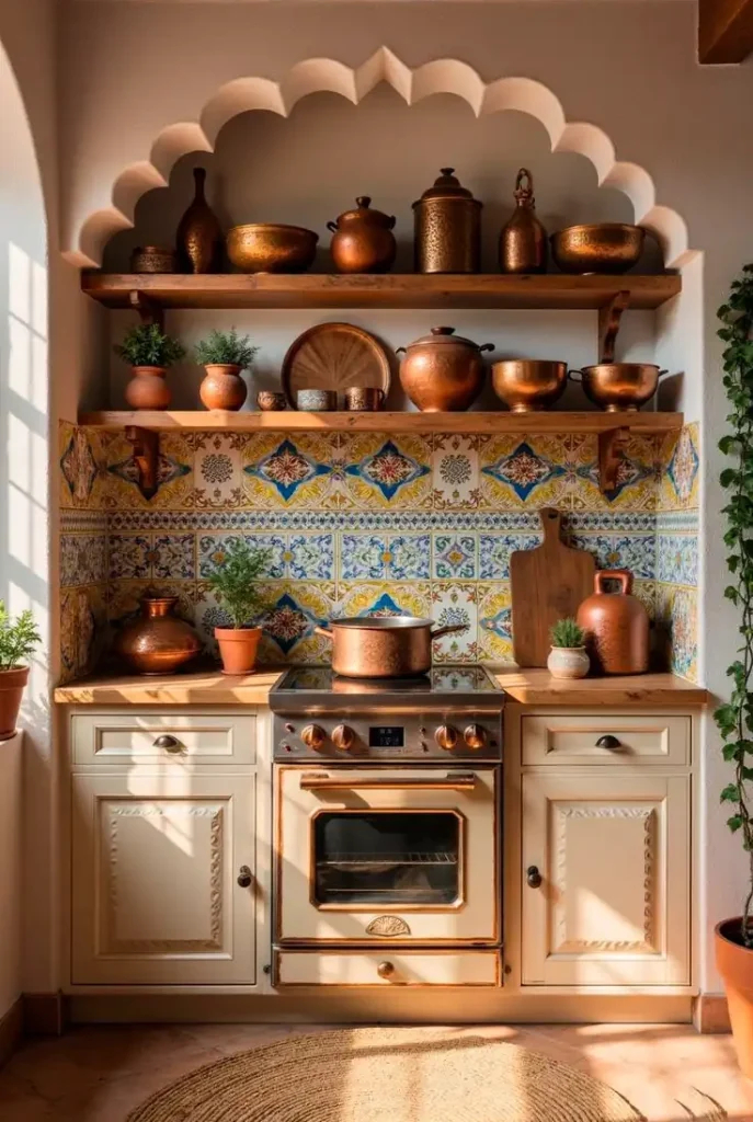 mediterranean kitchen design cozy nook with copper cookware display 🍳🌿☀️ filled