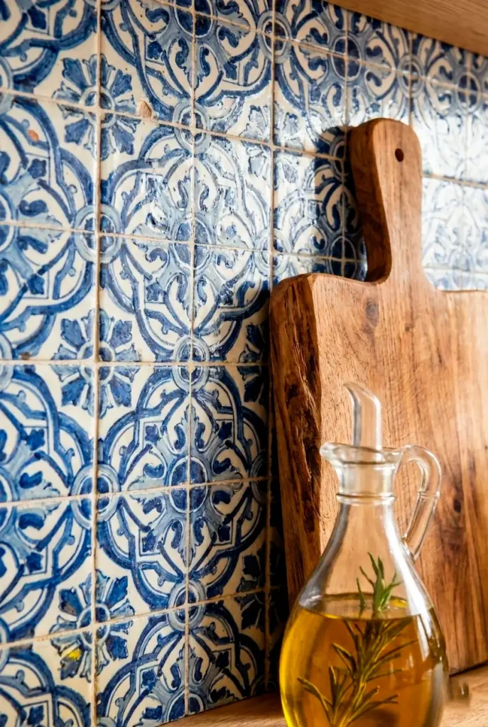 vertical detail shot of a kitchen backsplash featuring intricate blue and white spanish style patterned tiles. filled