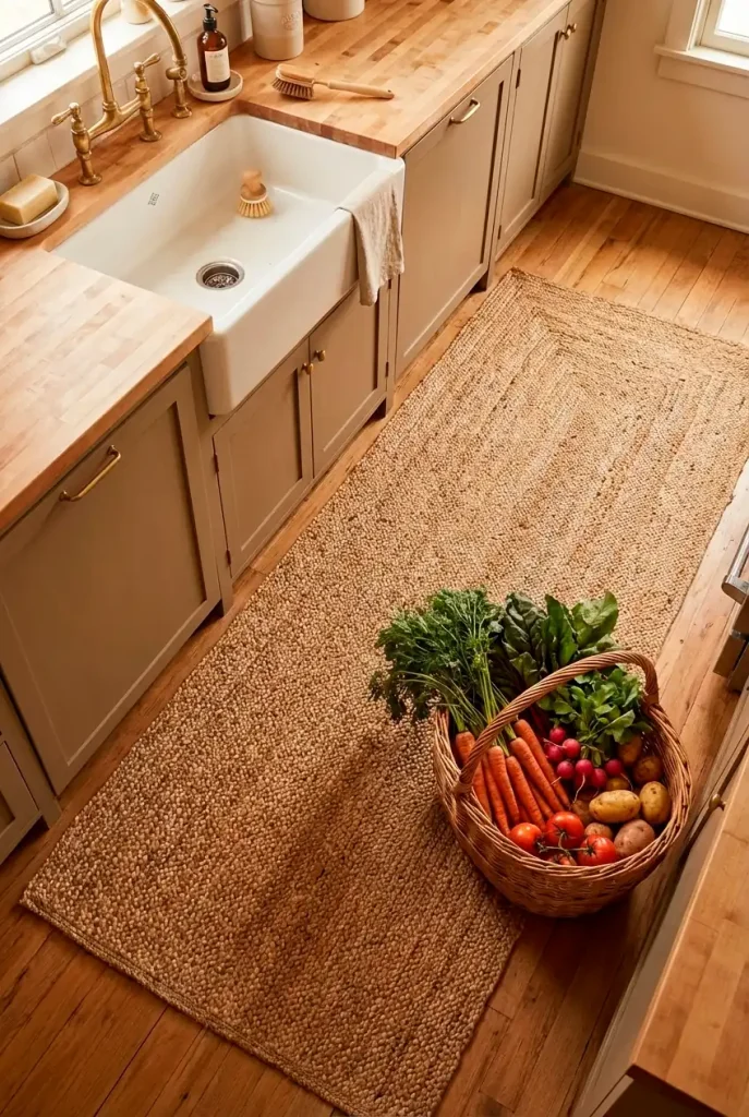 vertical high angle shot looking down at a kitchen sink area. a natural jute rug sits on the floor in front of the sink. filled
