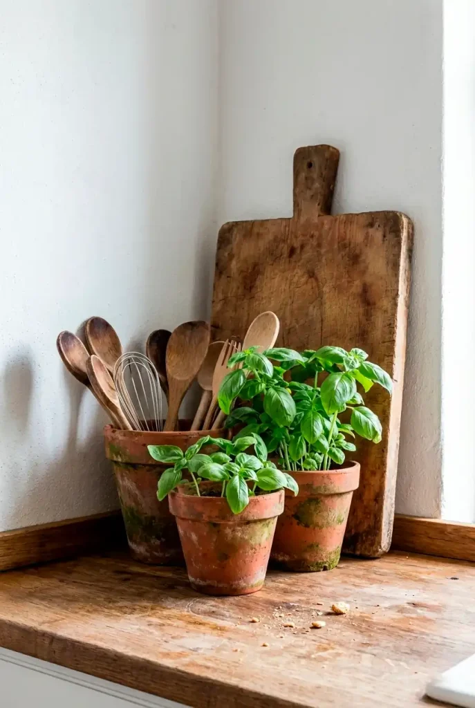 vertical lifestyle shot of a kitchen countertop corner. a cluster of weathered terracotta pots holds wooden spoons filled