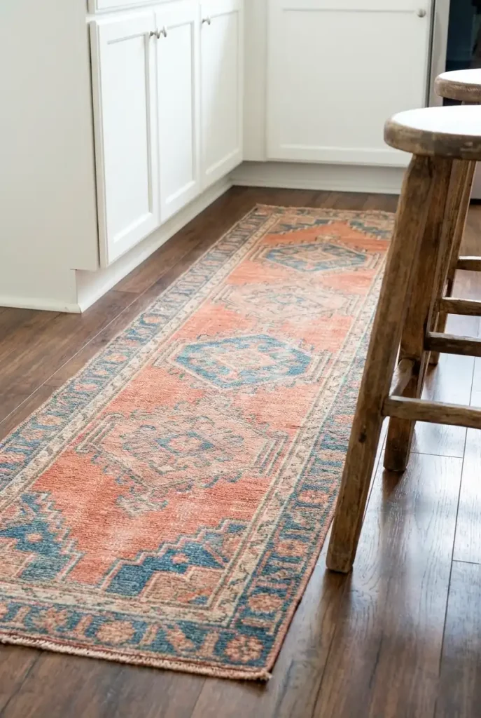 vertical shot of a kitchen floor featuring a woven runner rug with a faded terracotta and blue geometric pattern. filled