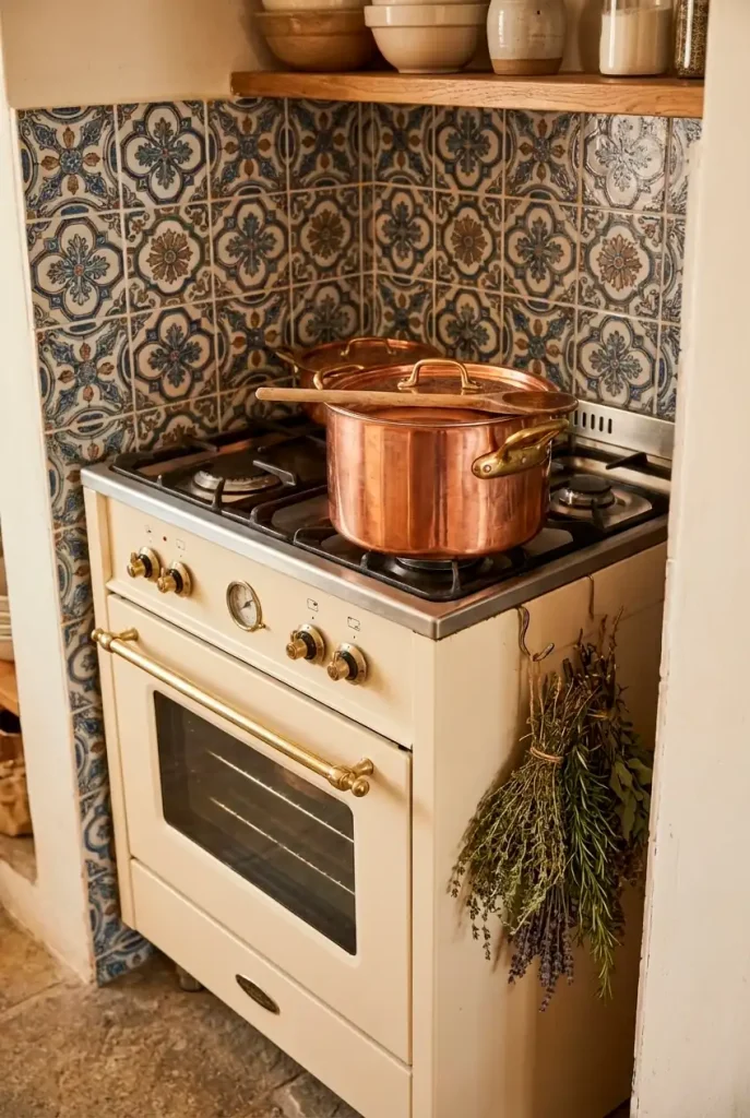 vertical view of a vintage cream colored gas stove nook. a patterned tile backsplash is visible behind it. filled