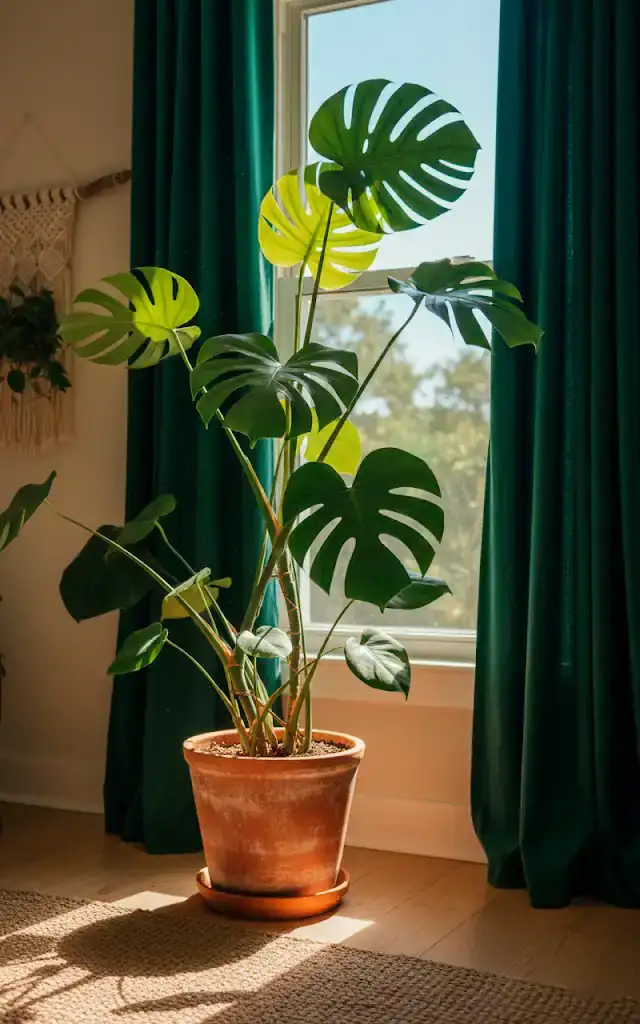 tmp upload 3 a vertical shot of a tall monstera plant in a terracotta pot standing next to a window with velvet curtai 01 filled 640x1024