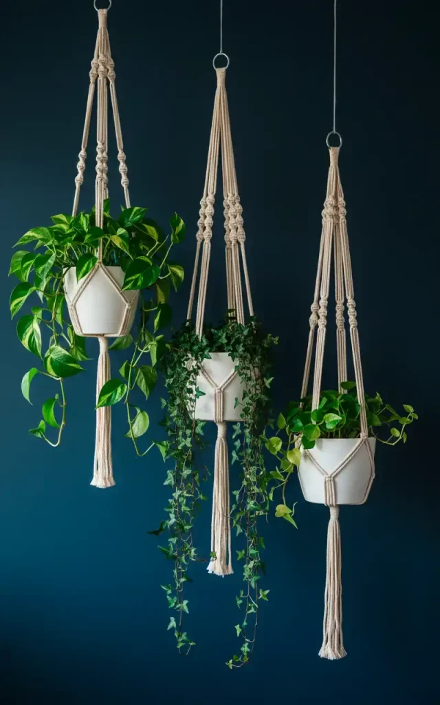 tmp upload a vertical shot of three macrame plant hangers suspended from the ceiling at different heights. filled 640x1024 640x1024