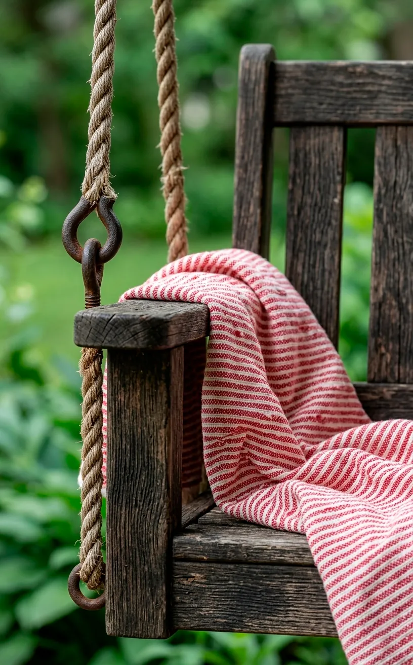 Red and white striped blanket draped over a wooden porch swing.