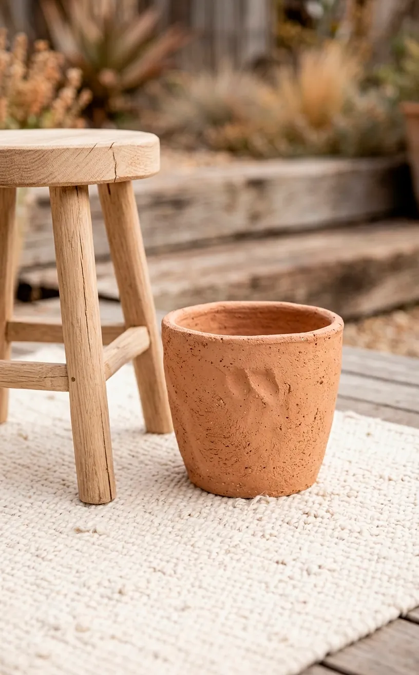 Close-up of cream textiles and raw clay pottery on a minimalist balcony.