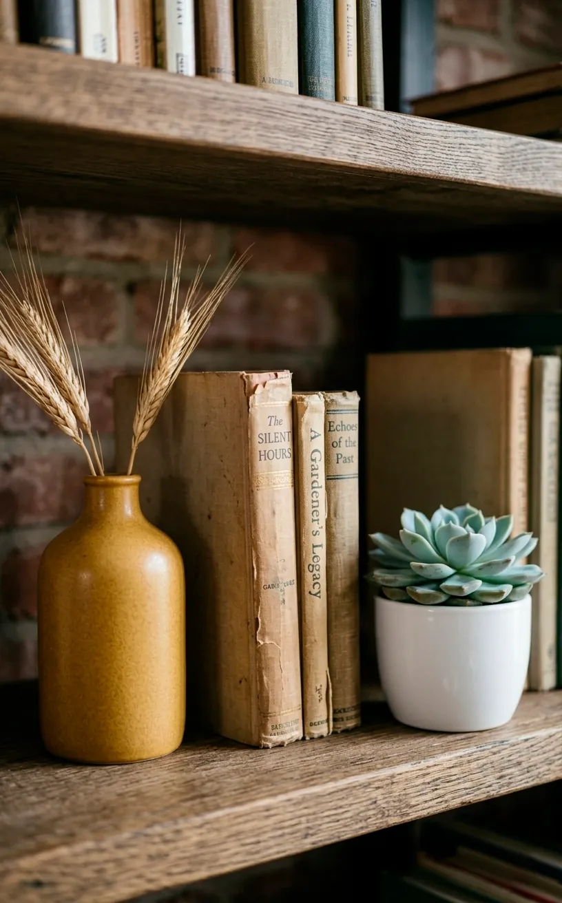 Close-up of a mustard yellow vase and vintage books on a white shelf.