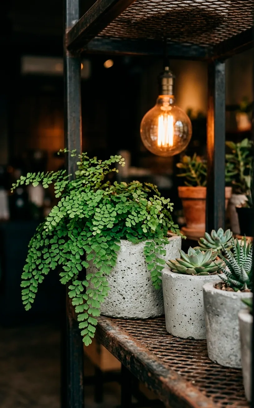 Concrete planters on an industrial metal shelf in a sunroom.