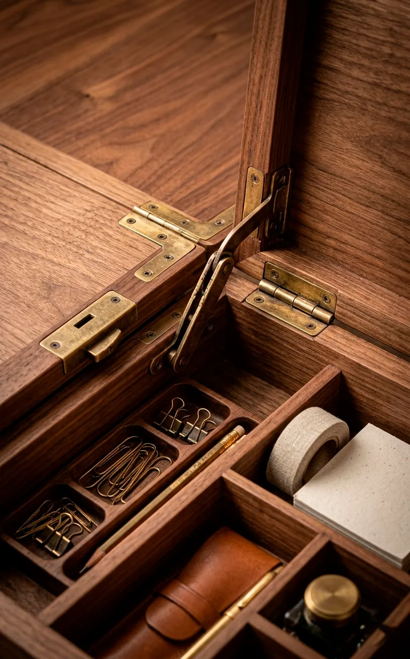Detail of an open credenza desk with brass hardware and office supplies.