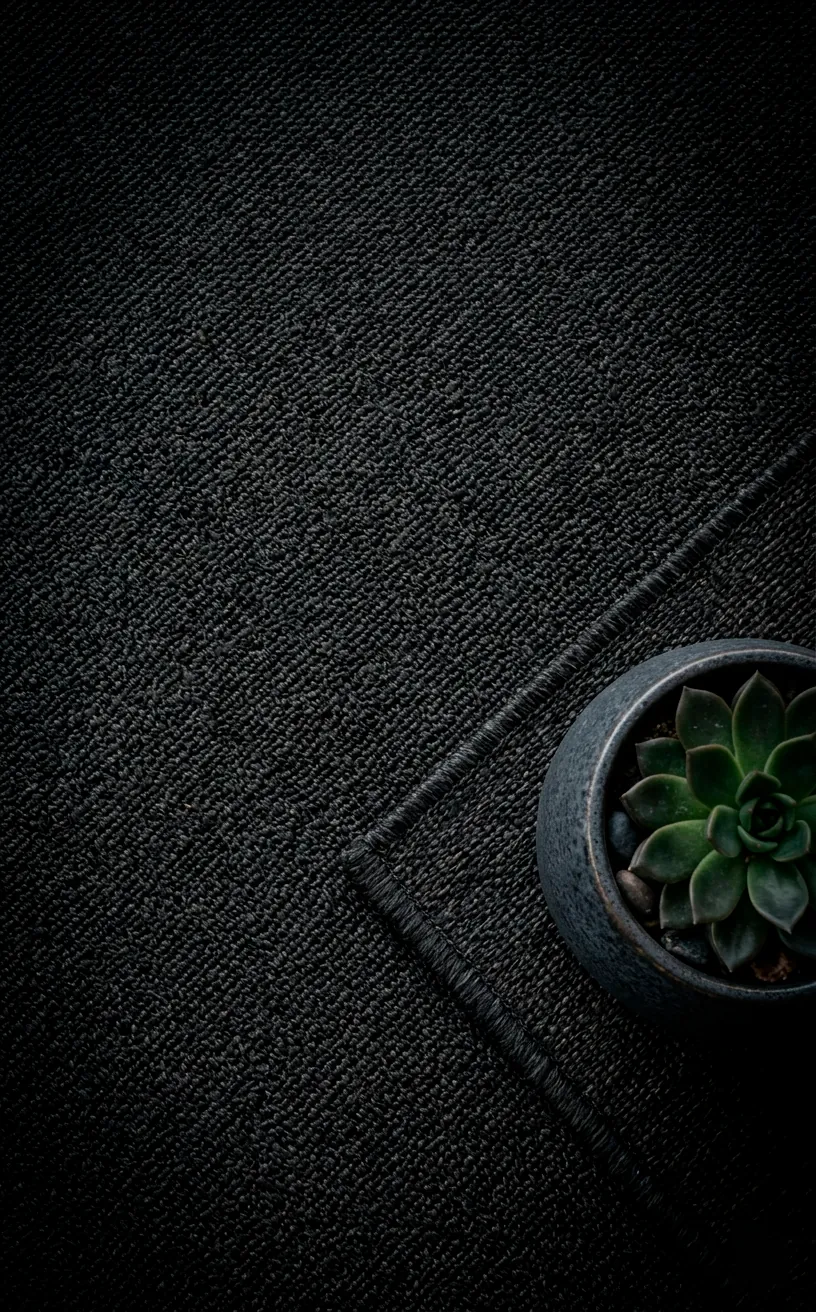 Close-up of the texture on a black woven outdoor rug.