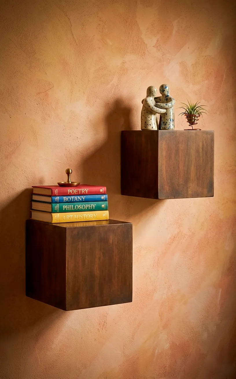 Detail of staggered modular floating wall shelves with books and decorative objects.