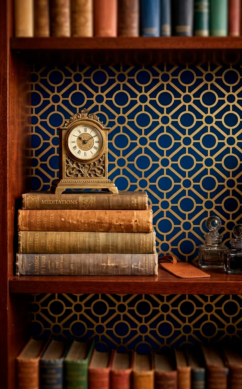 Detail of a bookshelf interior showing geometric patterned backing behind books and decor.