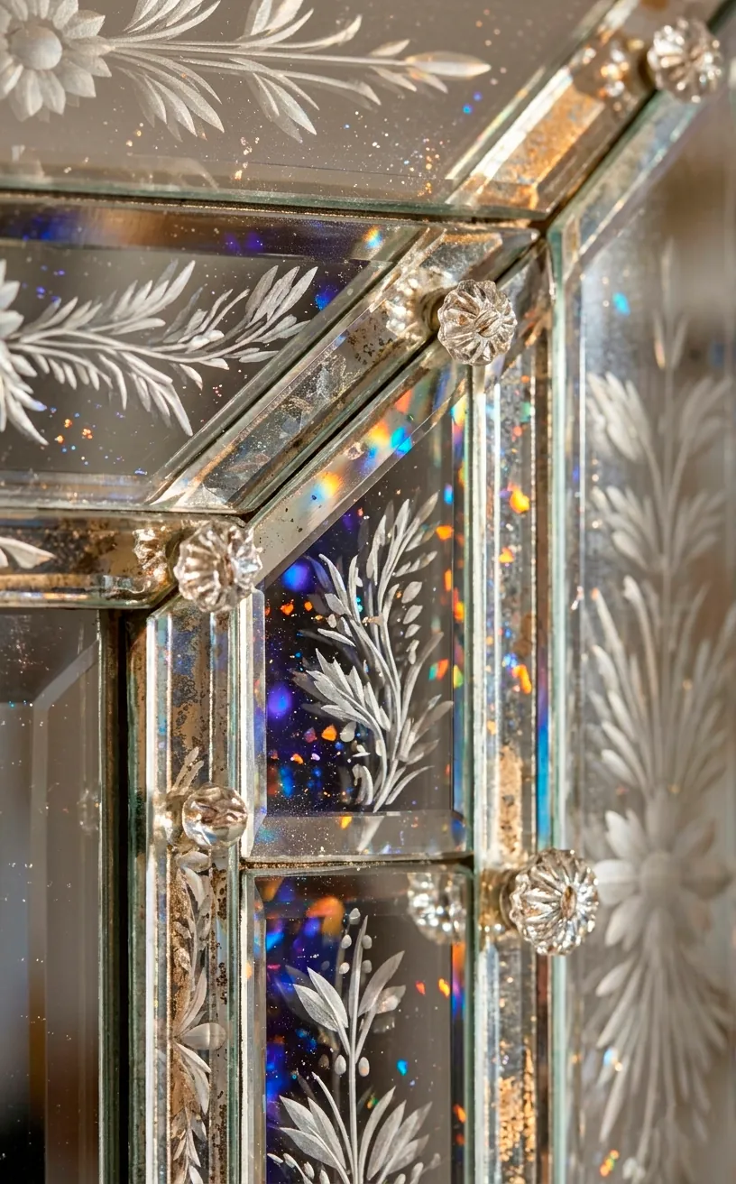Detailed etching of flowers on a vintage Venetian mirror frame.