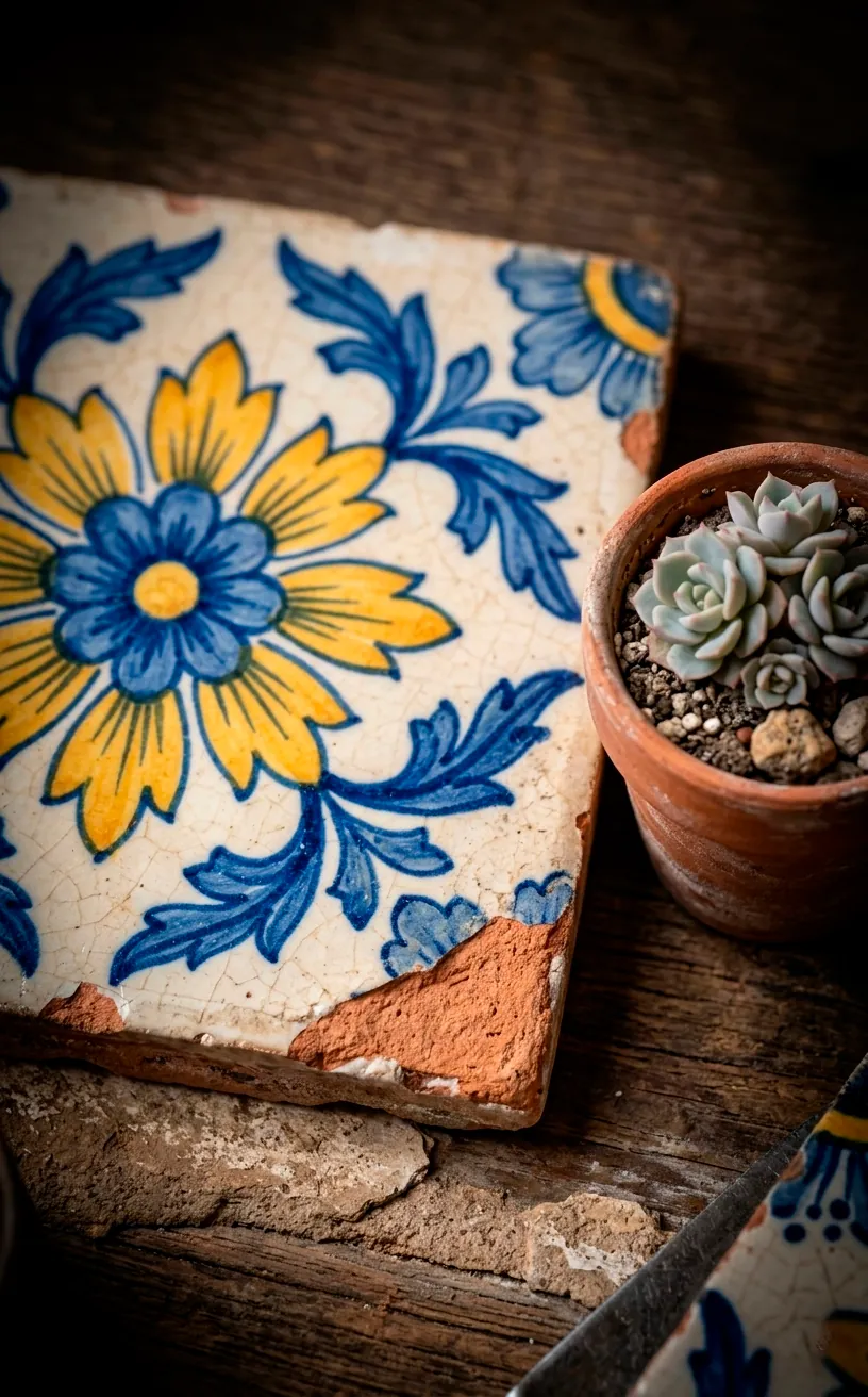 Detailed shot of a vintage hand-painted ceramic tile.