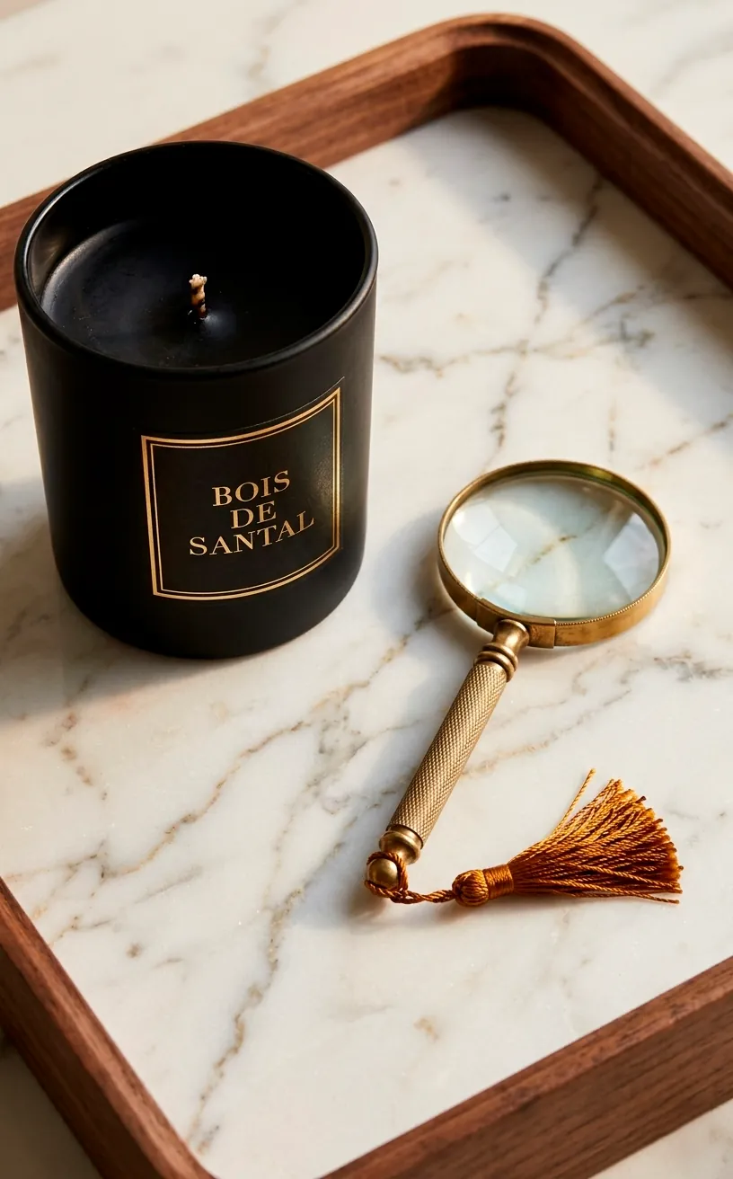 Detail shot of a luxury candle and brass magnifying glass on a marble tray.