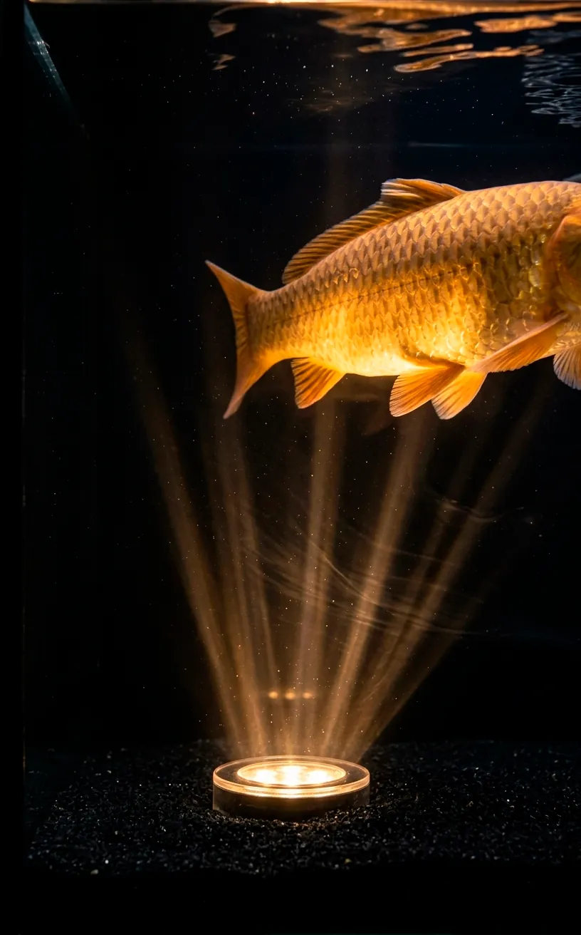 Underwater light illuminating a koi fish in a dark matte black pond.