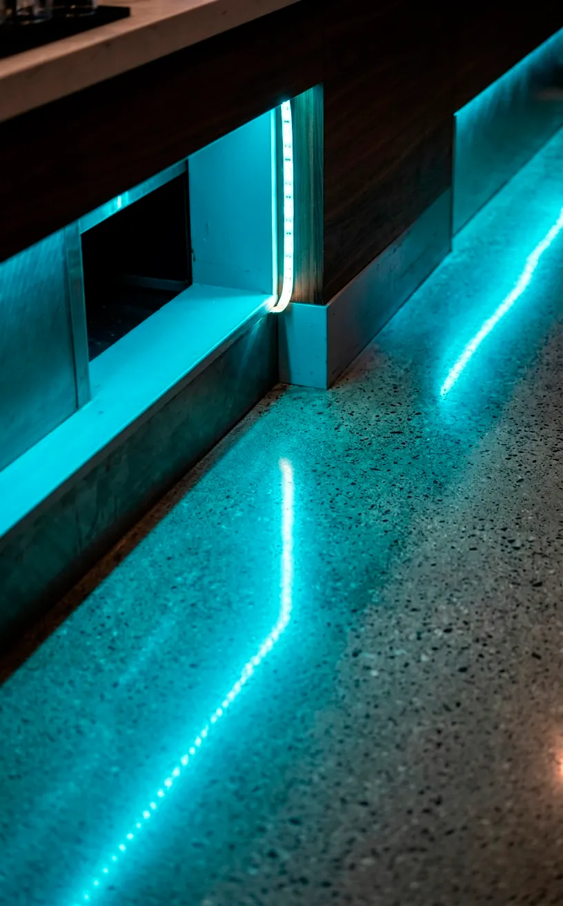 Under-counter LED strip lighting casting a cyan glow on a polished floor.