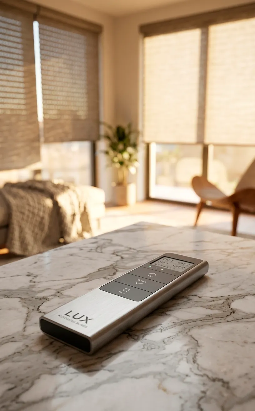 Close-up of a sleek remote for motorized window shades in a bright sunroom.