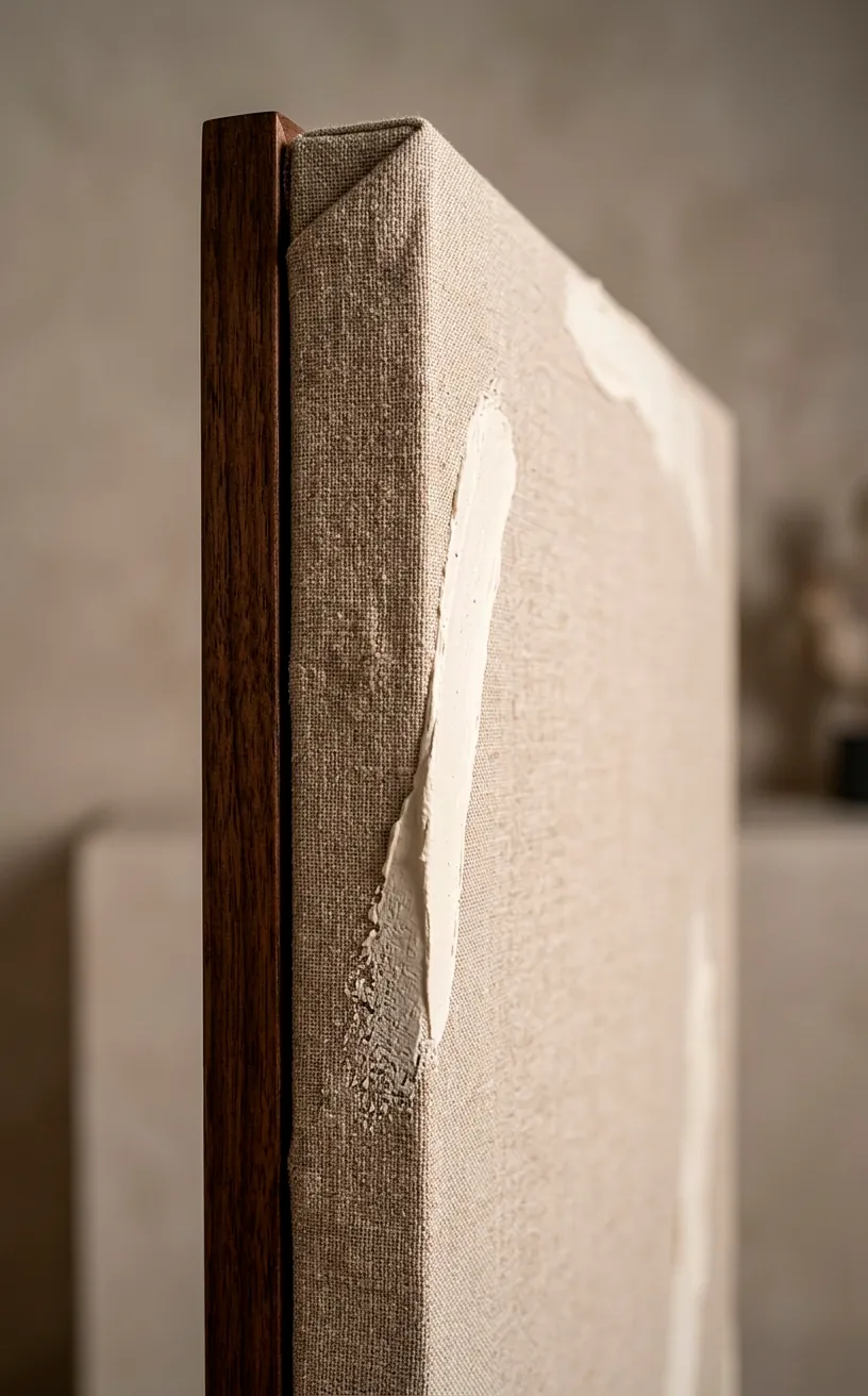 Side view of a textured linen canvas on a thick wood frame.