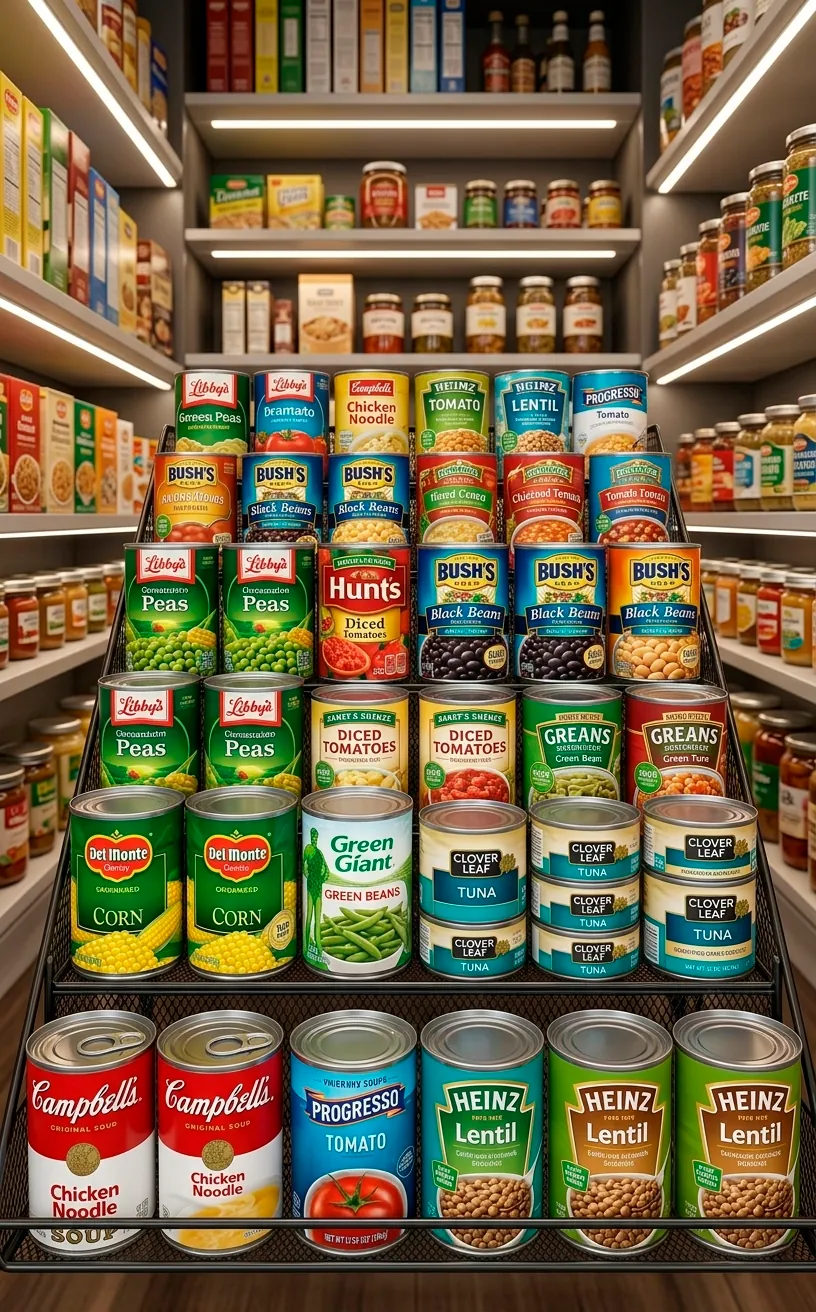 Tiered can organizer showing multiple rows of canned goods in a pantry.