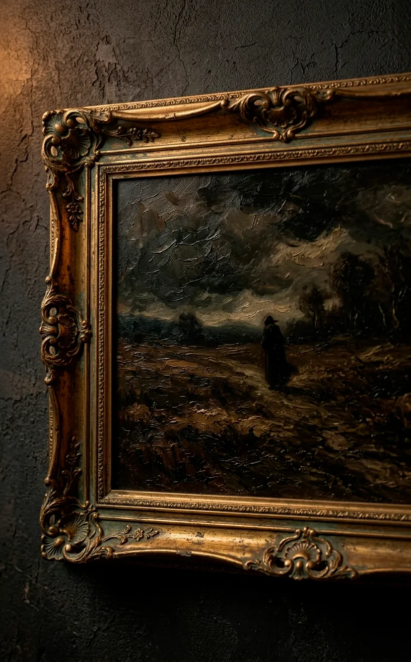 Vintage oil painting on a dark wall with a gold frame.