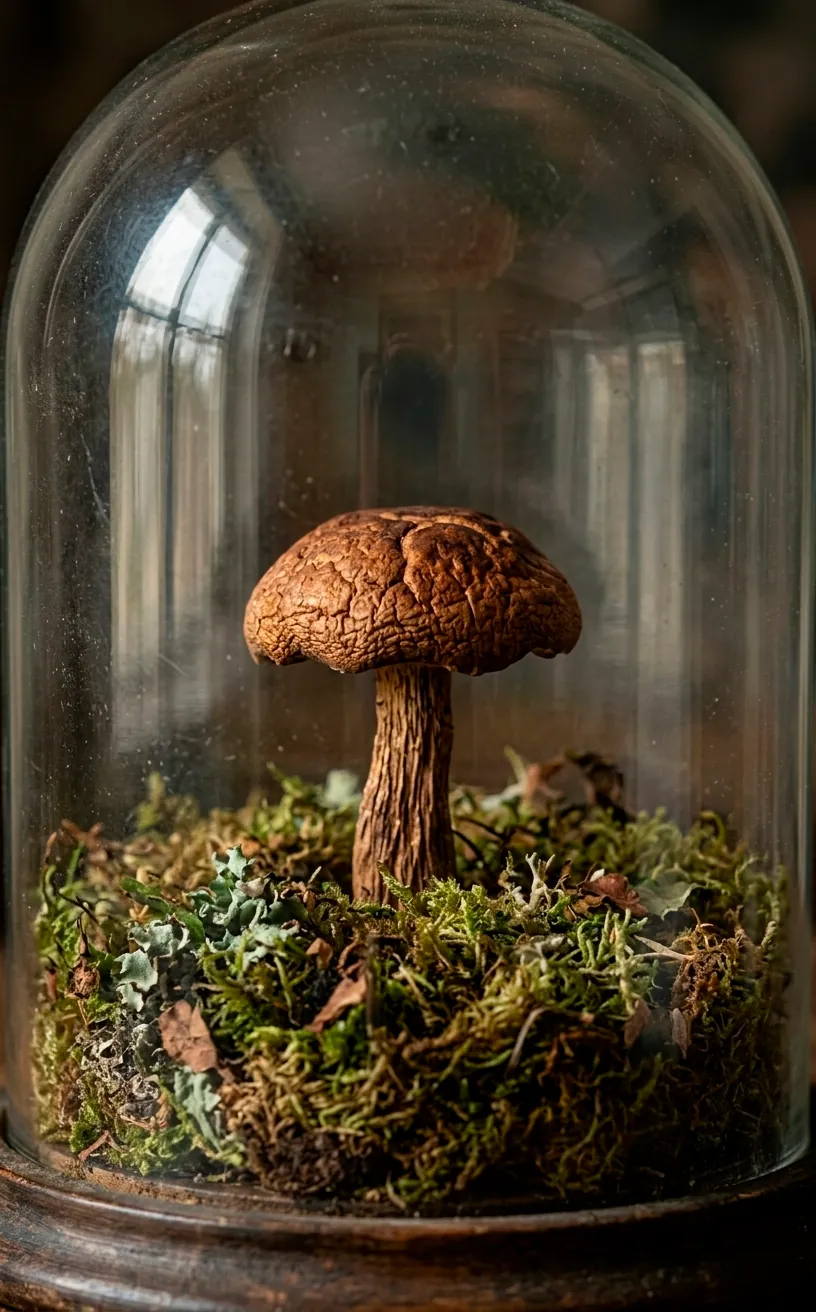 Close-up of a dried mushroom specimen under a glass cloche.