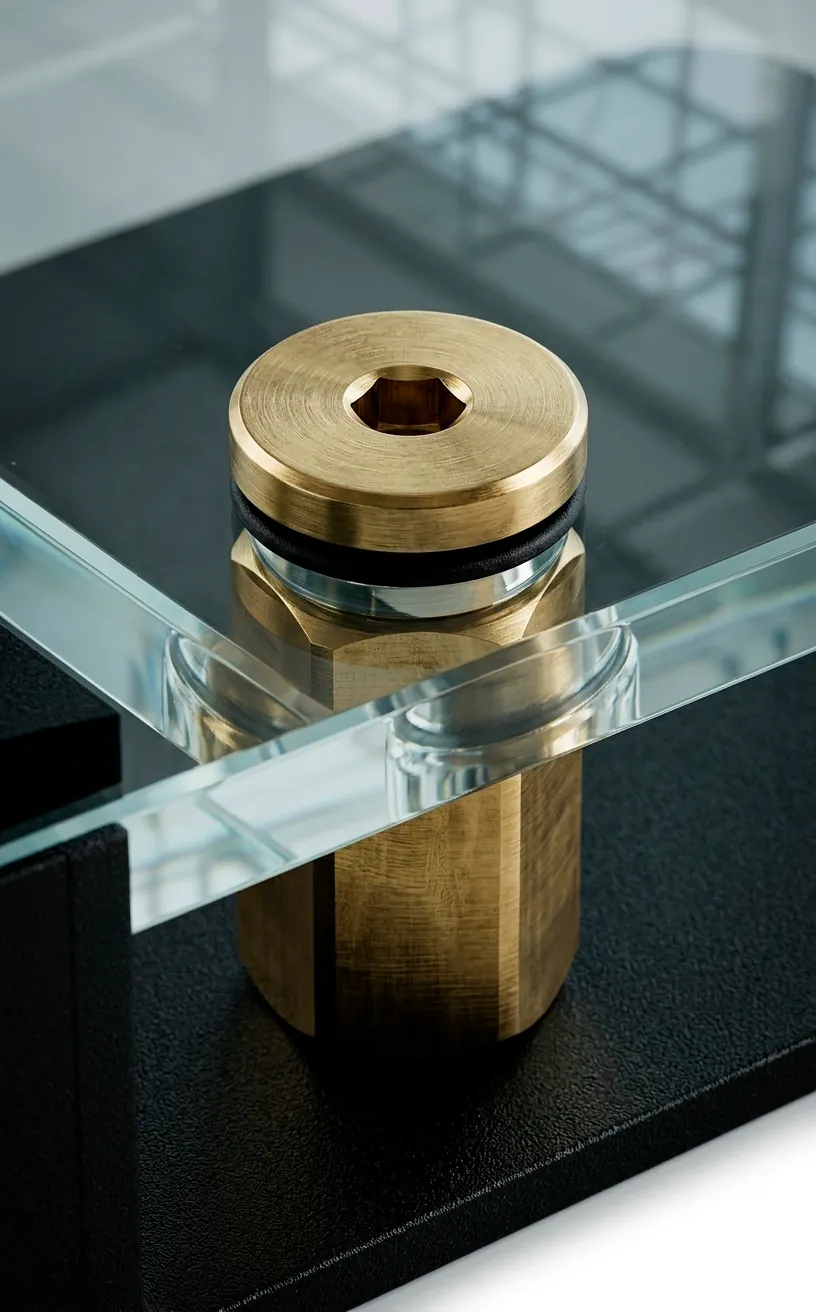 Detail of brass standoffs holding a glass railing panel on a black frame.