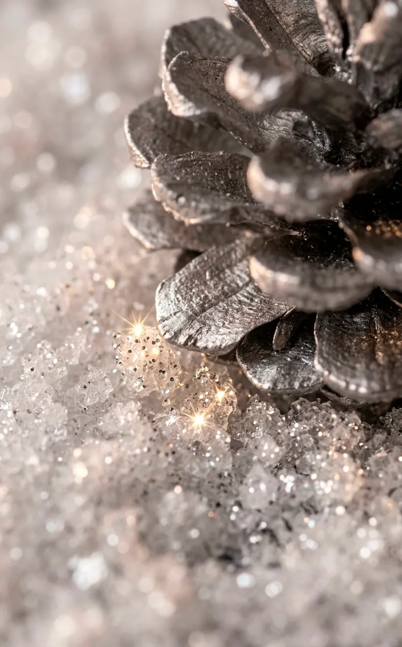 Detailed view of silver glitter on faux snow decor.