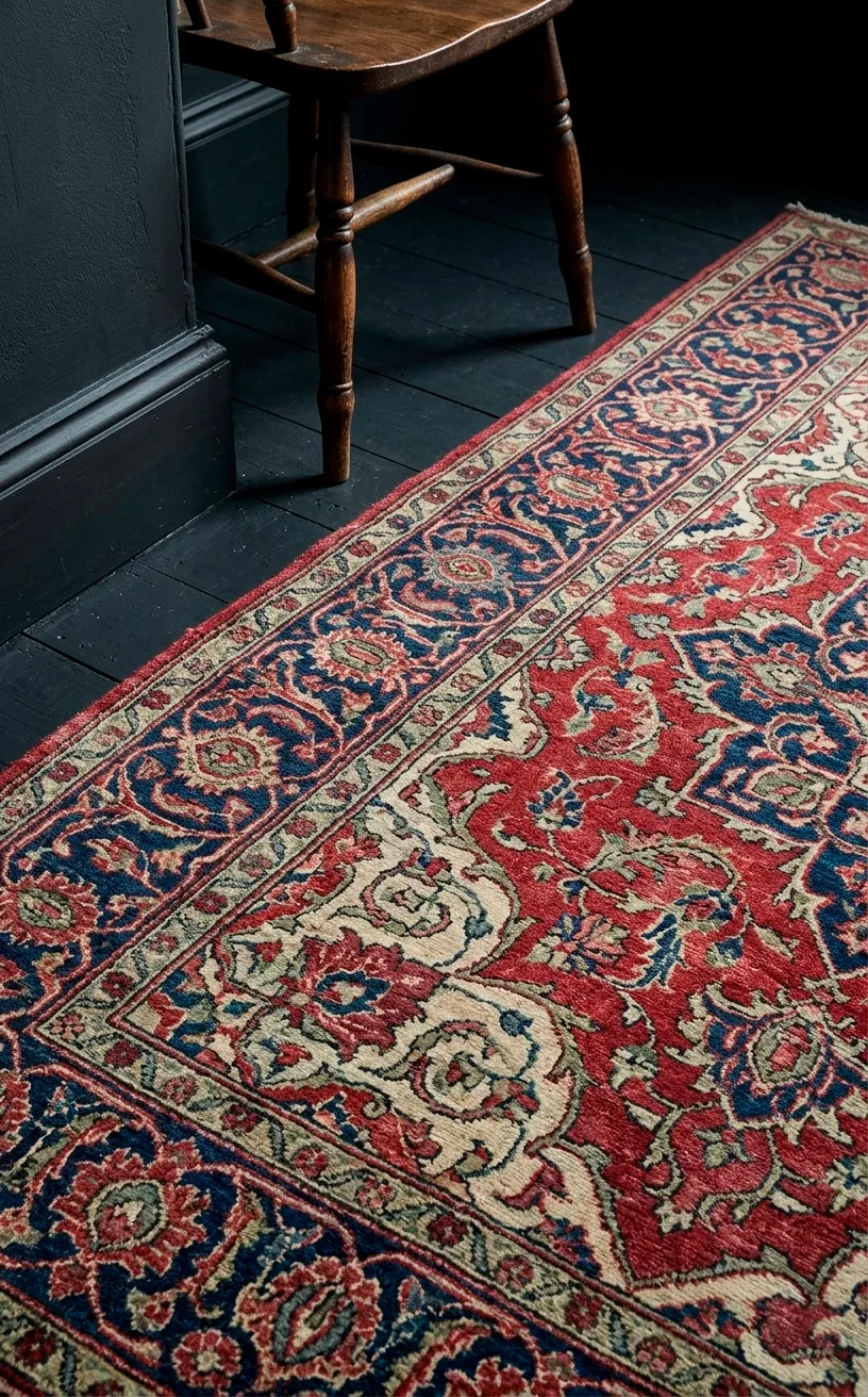 Faded Persian rug detail in a moody dining room with black walls.