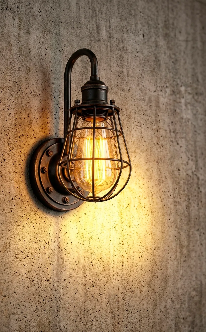 Wall-mounted industrial cage light sconce with Edison bulb.