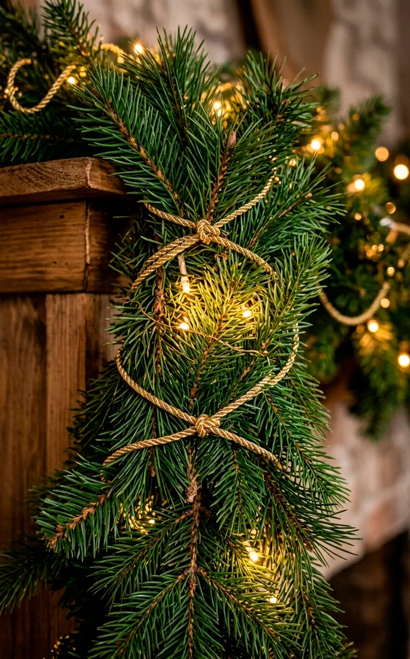 Close-up of a dark green pine garland corner with gold light accents.