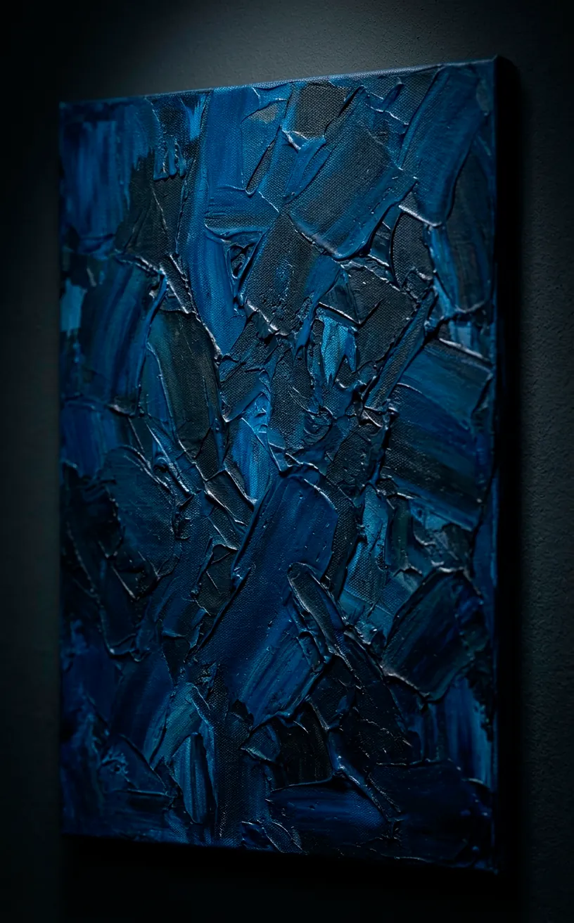 Close-up of navy blue abstract art on a matte charcoal wall in a minimalist room.