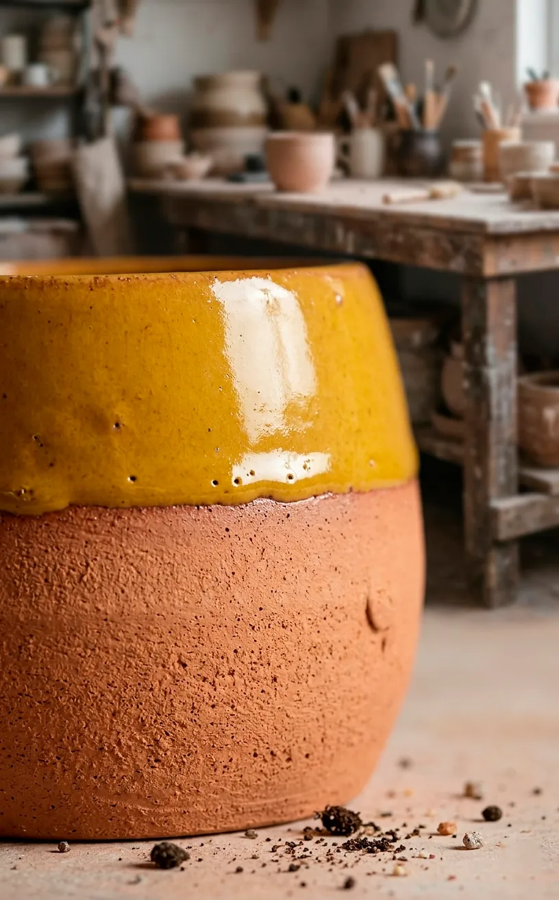 Detail of the glaze line on a mustard and terracotta two-tone pot.