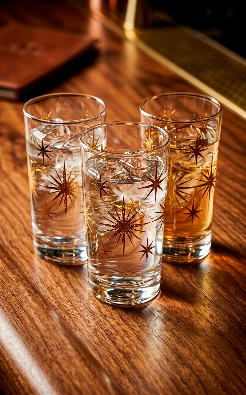 Close up of vintage gold leaf starburst glassware on a walnut bar surface.