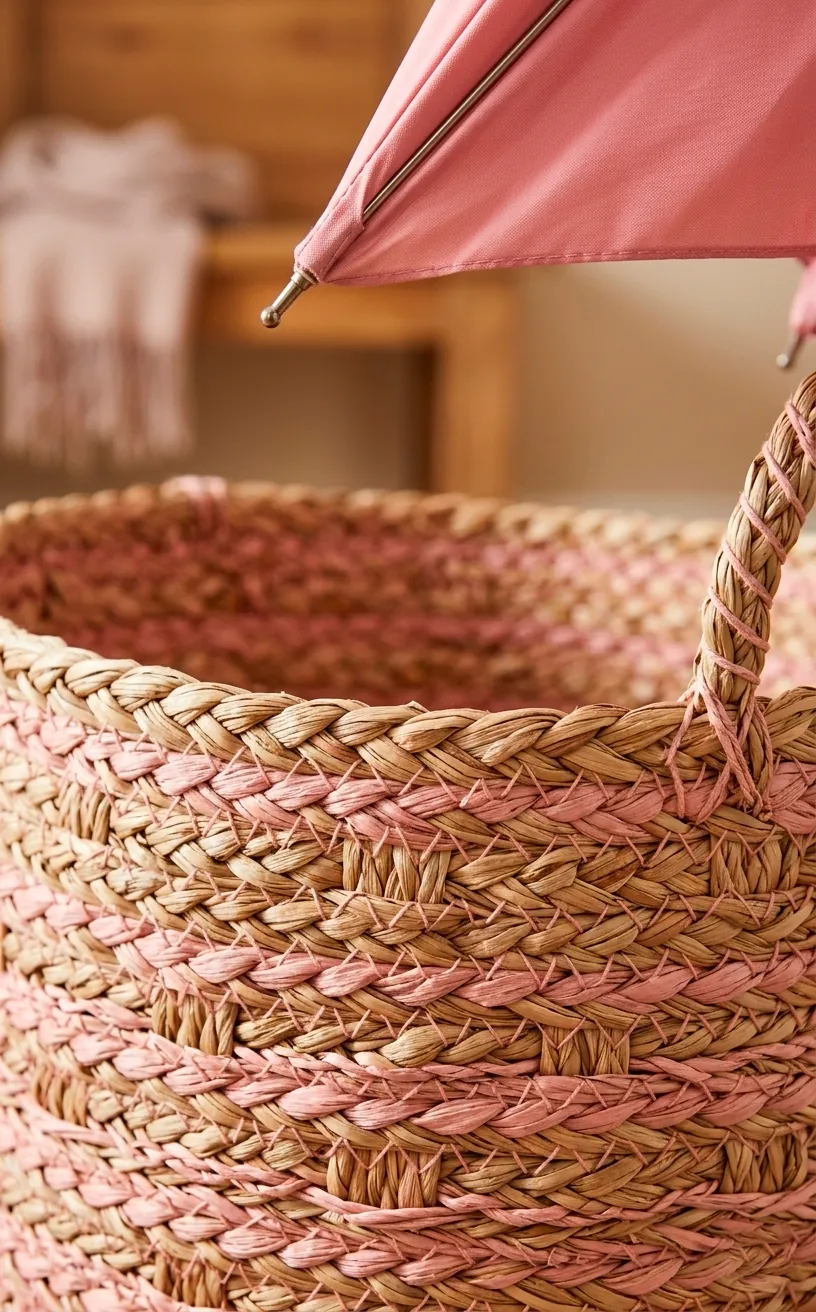 Close-up of the texture on a pink-threaded woven storage basket.