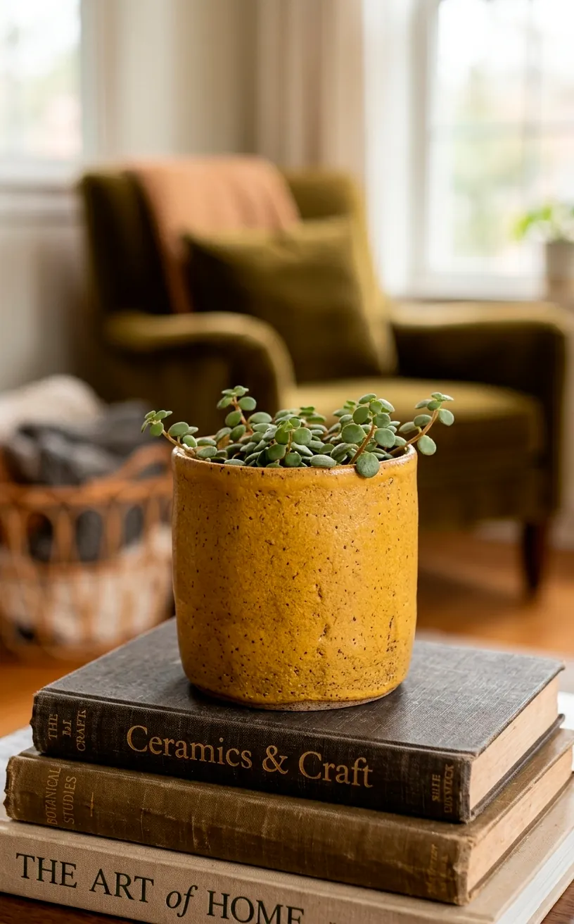 Matte mustard yellow ceramic pot sitting on a stack of decorative books.
