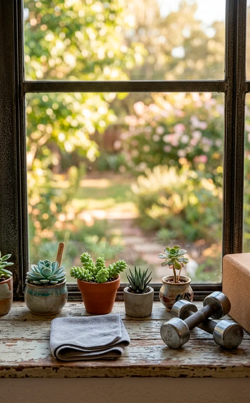 Succulents on a gym window sill with a sunny, blurred outdoor background.
