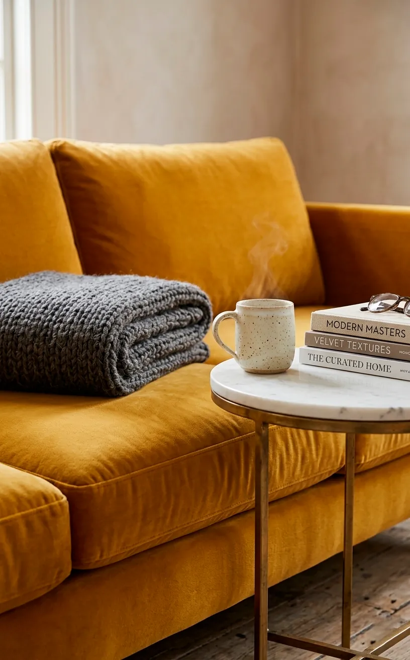 Close-up detail of a mustard yellow velvet sofa texture with a marble side table.