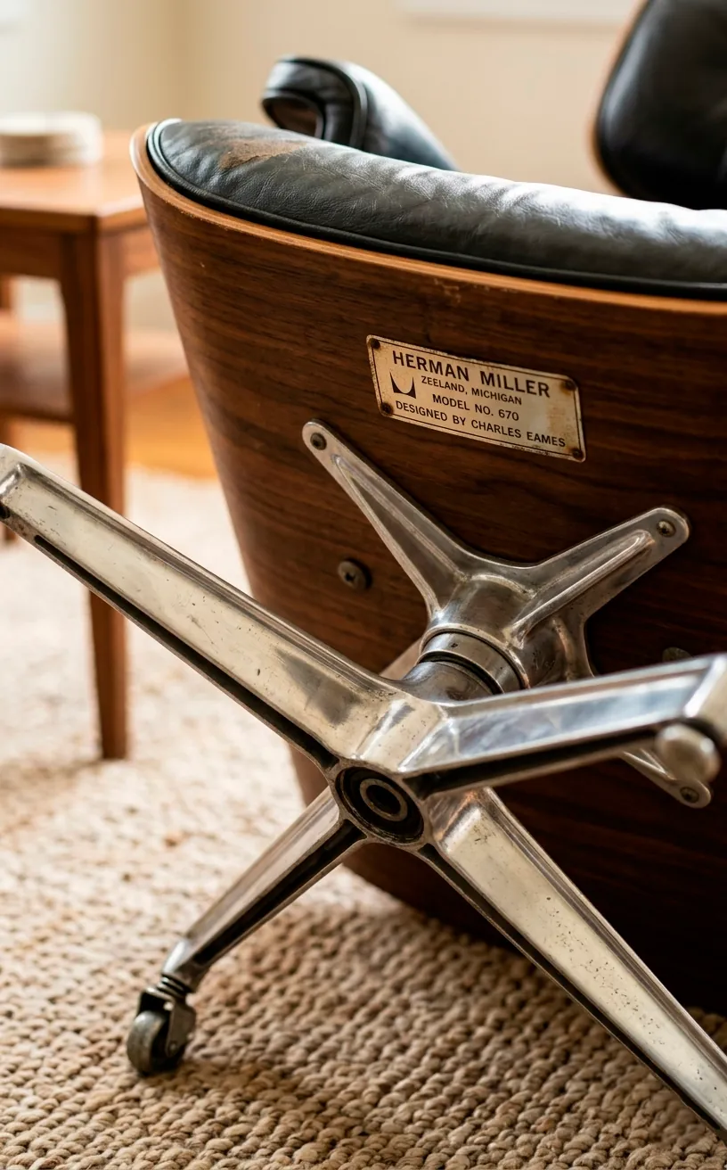 Close up detail of a vintage Herman Miller label on an authentic mid century modern chair base.