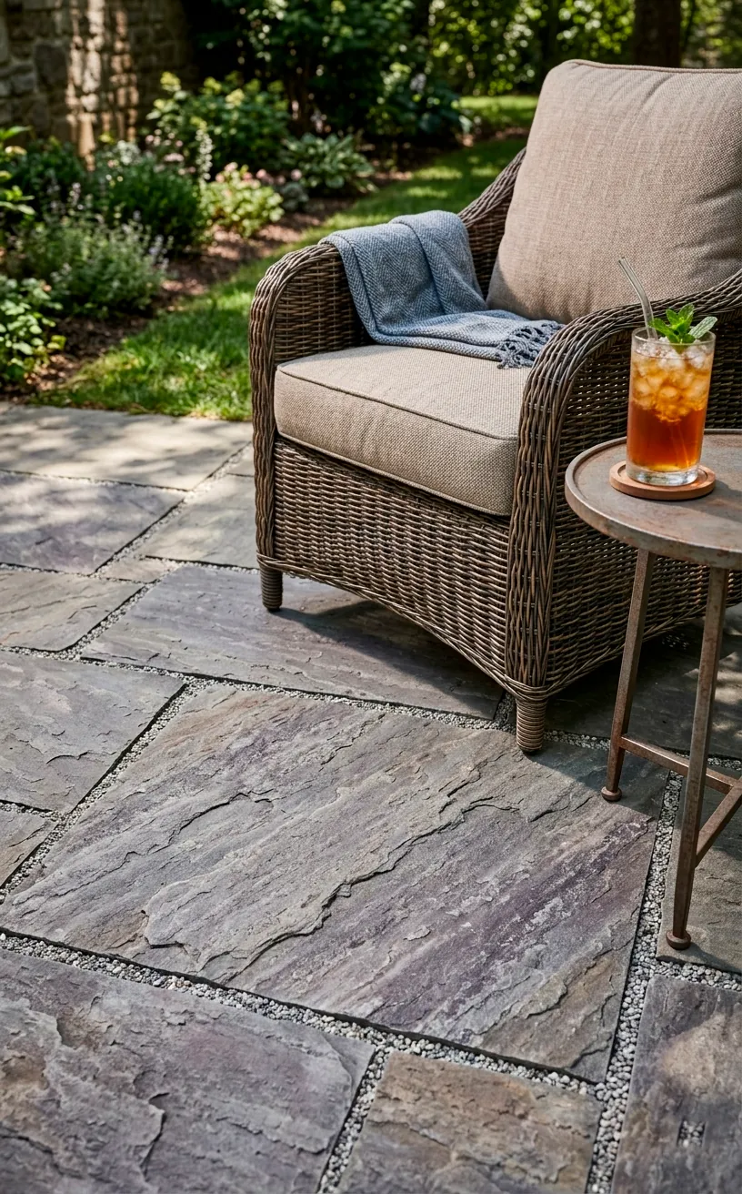 Close-up of textured grey flagstone patio with outdoor furniture and garden details.