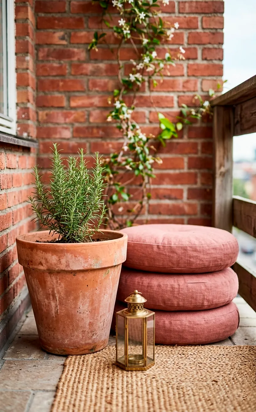 Close-up of terracotta pottery and rose-colored cushions on a jute balcony rug.