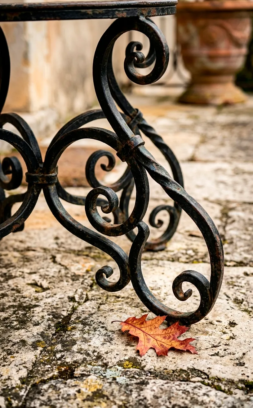 Close-up of vintage wrought iron chair scrollwork with aged patina.