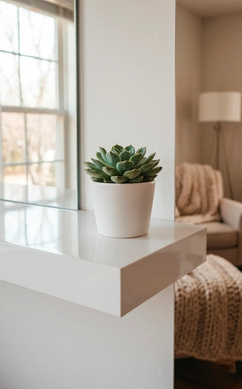 Close-up detail of a white gloss floating unit with a succulent and window reflections.