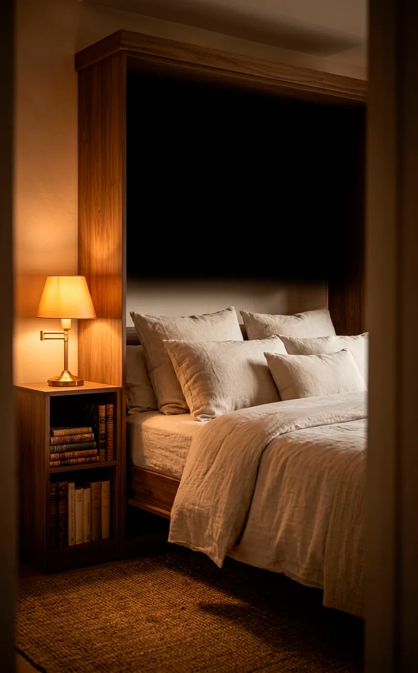 Detail of a Murphy bed with linen bedding and a brass lamp in a guest room.