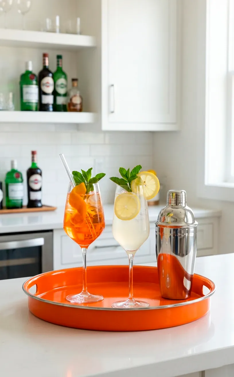 Bright orange enamel tray with cocktails on a white bar counter.