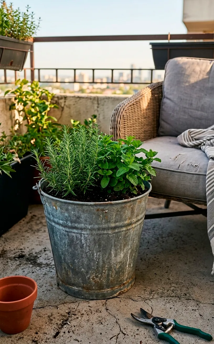 Vintage galvanized steel bucket used as an herb planter.