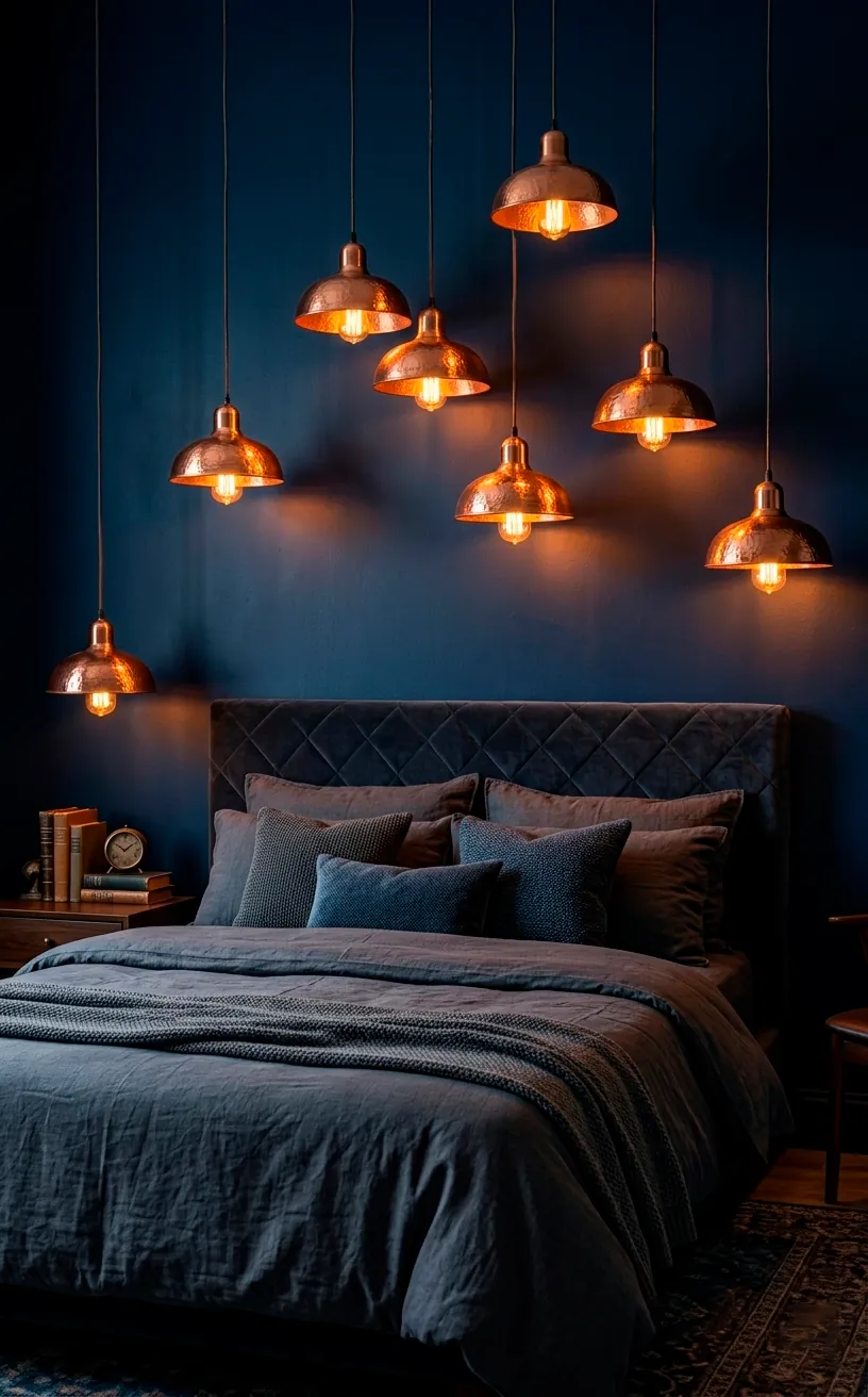 Cozy navy bedroom with copper lighting fixtures and charcoal bedding.