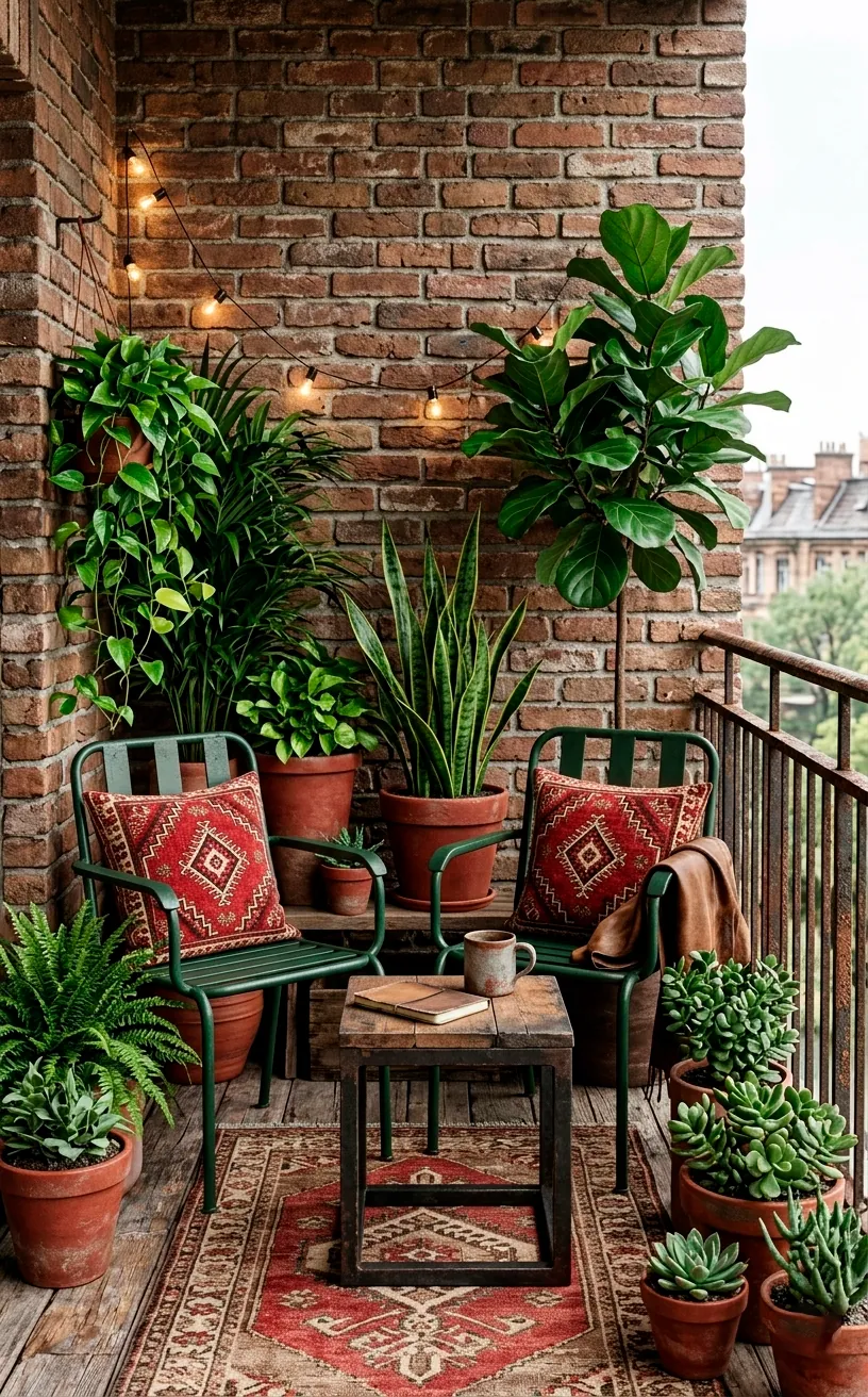 Rugged boho balcony with forest green furniture and a red brick wall.