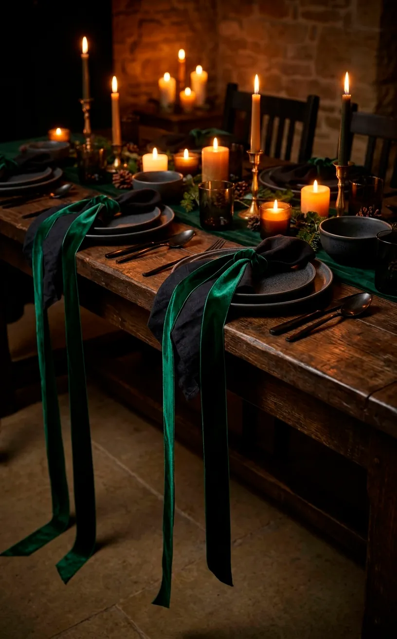Napkins tied with long forest green velvet ribbons on a dark gothic dinner table.