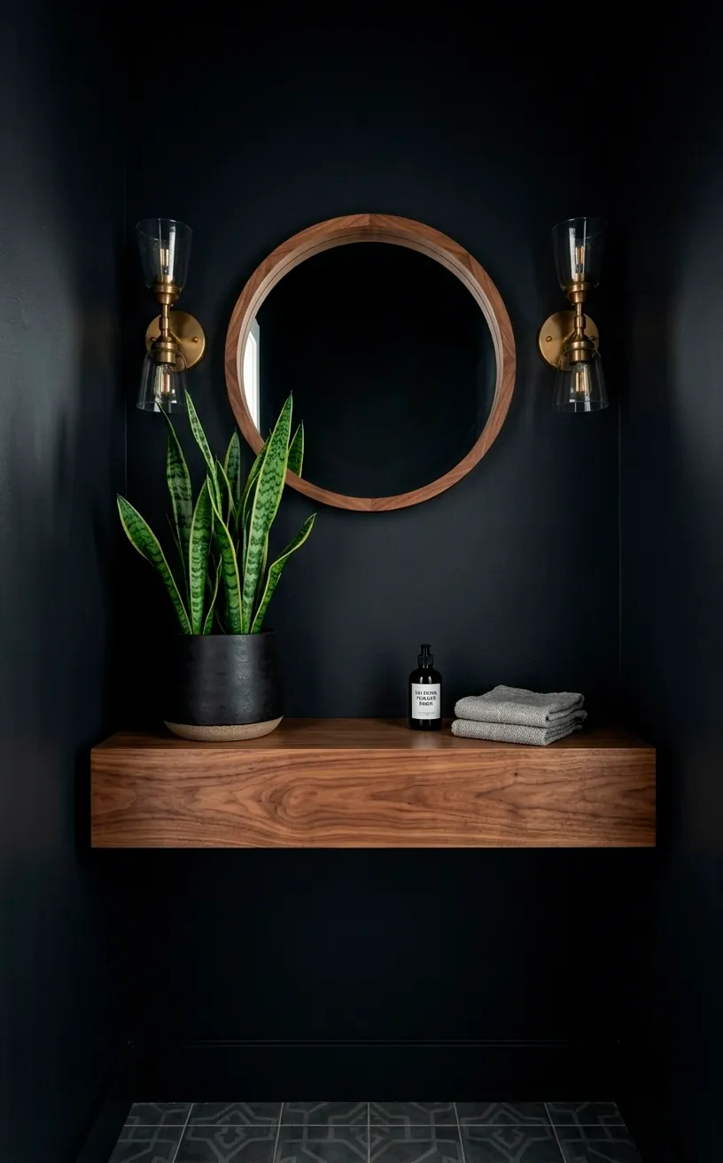 Black powder room with walnut shelf and a green snake plant.